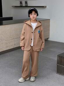 Tween Boy Casual Letter Print Hooded Jacket And Pants Set, Suitable For Commuting, School, Daily Casual, Vacation, Sports, Spring, Autumn & Winter