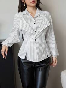 Modelyn Áo sơ mi nữ kẻ sọc 2 trong 1 thiết kế eo thanh lịch cho dân công sở đi làm hiện đại - trắng - Xem 3