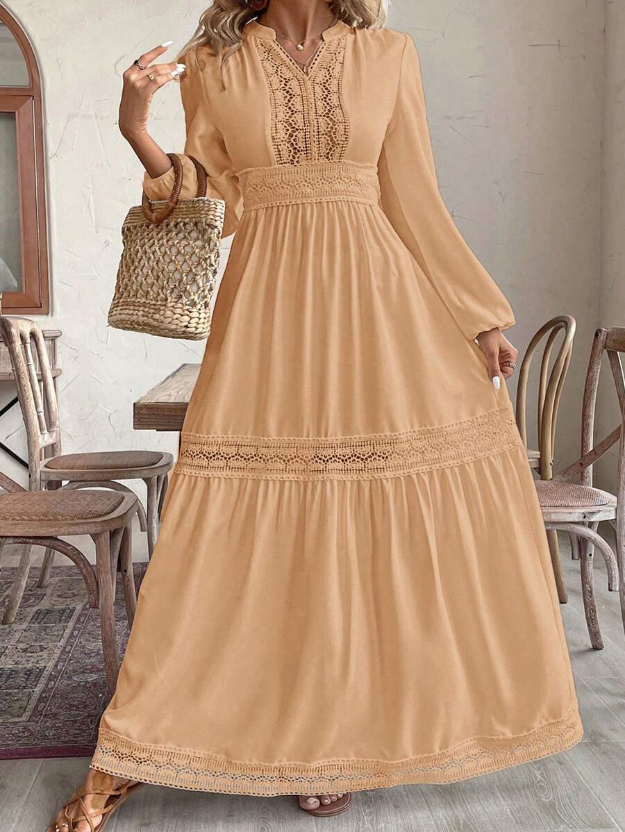 SHEIN VCAY Đầm suông hở vai tay đèn lồng màu trơn đơn giản cho kỳ nghỉ cỡ lớn - Màu be - Xem 1