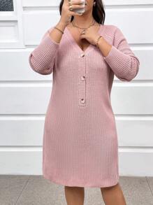 SHEIN LUNE 大码纯色 V 领长袖针织毛衣连衣裙，适合冬季