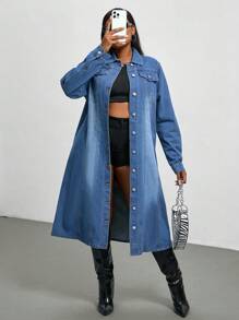 SHEIN Chaqueta vaquera lavada informal de talla grande para el otoño - Azul lavado medio - Ver 6