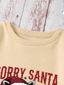 SHEIN EZwear Áo nỉ cổ tròn in hình ông già Noel và gấu trúc làm quà tặng Giáng sinh cho nữ, Thu/Đông - Màu Khaki - Xem 4