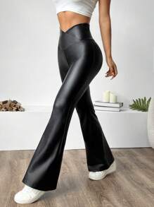 SHEIN EZwear Plus Size Casual Black V-Shape Waist Fitted Flare Pants - Black - View 3