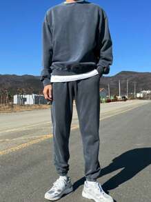 DAZY 2pcs Men Casual Daily Wear Round Neck Contrast Color Sweatshirt & Pants Set, Autumn - Blue - View 2