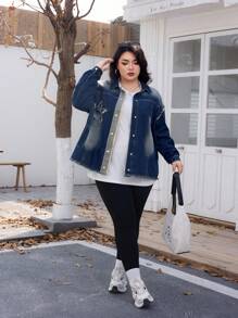 SHEIN EZwear Áo khoác denim vá hình ngôi sao, giặt thường ngày cỡ lớn, quần áo Giáng sinh cho phụ nữ, Lễ Tạ ơn, mùa thu - Rửa tối - Xem 6