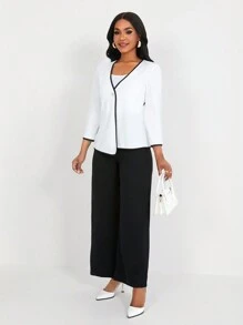 SHEIN Clasi 2pcs/Set Casual Commuter Color Block Trim Top And Pants Suit, Autumn - Black and White - View 3