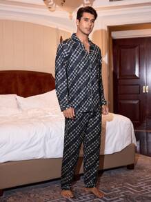 CoupledUp Ensemble pyjama homme à manches longues et pantalon à motif damier col chemise - Multicolore - Voir 5