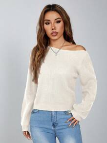 SHEIN PETITE 套头斜肩罗纹女式毛衣，长袖上衣 - 米色 - 查看 8