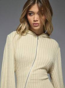 MISSGUIDED Knitted Zip Through Hooded Long Sleeves Bodycon Mini Dress - Apricot - View 6