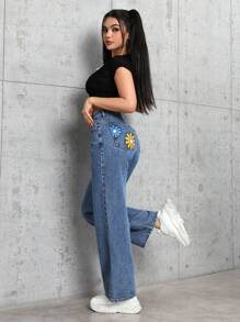 SHEIN PETITE Floral Print Pocketed Casual Straight-Leg Jeans - Blue - View 8
