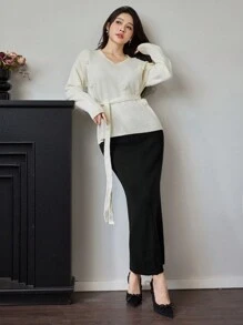 Modelyn Conjunto de 2 piezas para mujer: Suéter con cuello en V, hombros caídos, manga larga, aplicación floral y cinturón en la cintura & Falda larga tipo maxi, conjunto de 2 piezas para otoño e invierno