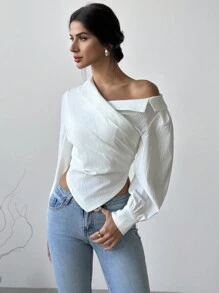 Firerie 女士休闲优雅精致通勤办公室不对称下摆长袖西装领 - 白色 - 查看 5