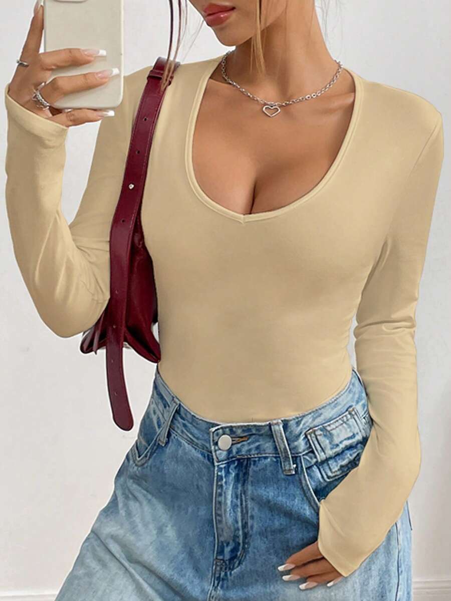 INAWLY Solid Deep V-Neck Ribbed Long Sleeve T-Shirt Fall Cloth For Women - Apricot - View 1