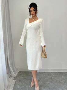 Elenzga Women Asymmetric Collar Long Sleeve Fitted Elegant Sweater Dress, Autumn/Winter