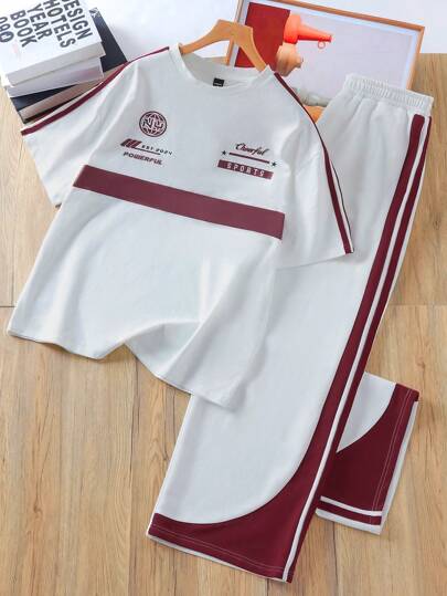 Manfinity VCAY 2 件套男女通用针织拼布超大落肩圆领 T 恤和抽绳腰阔腿裤