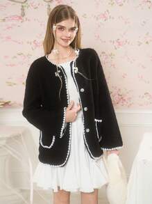 Teen Girls Casual Fall And Winter New Arrival, Contrast Binding Dual Pockets And Scarf Coat