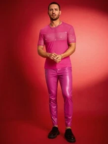 FeverCity 男士圆领短袖网眼拼接休闲T恤 - 玫紅色 - 查看 4