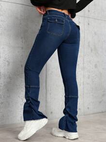 SHEIN PETITE Navy Blue High Elasticity Skinny Jeans For Women - Dark Wash - View 3