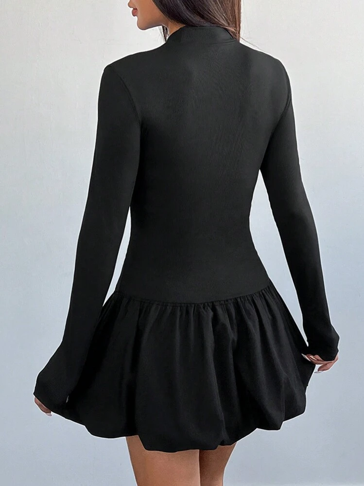 Flirla Vestido corto de mujer con cuello alto, fruncido, con volante y mangas largas para invierno - Negro - Añade 2