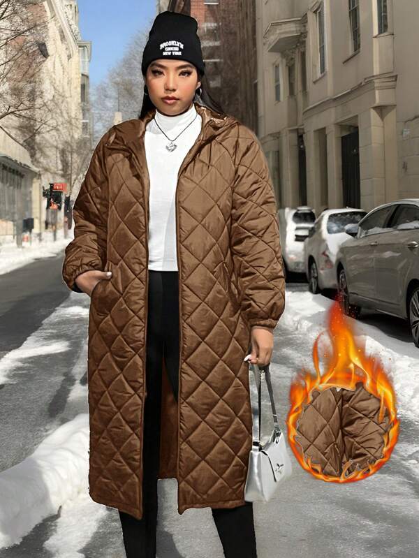 SHEIN CURVE+ Plus Size Casual Elegant Hooded Padded Coat, For Winter