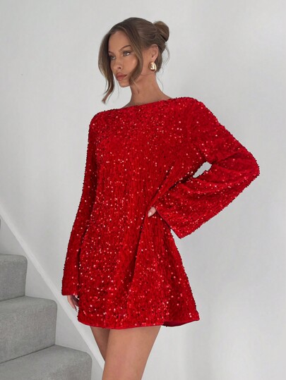 Siren Gaze Vestido mini de mujer con cuello redondo, manga larga y aplicaciones de lentejuelas, adecuado para banquetes y fiestas