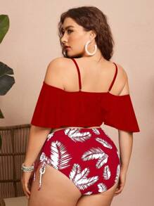 Swim Lushoire Plus Size Spaghetti Strap Bikini Two-Piece Bikini Summer - Red and White - View 2