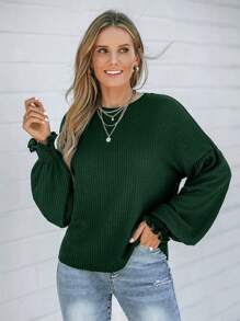 SHEIN LUNE Women's Casual Home T-Shirt With Ruffle LED Lantern Sleeves Green Round Neck For Winter New Year Christmas Women's Clothing - Green - View 11