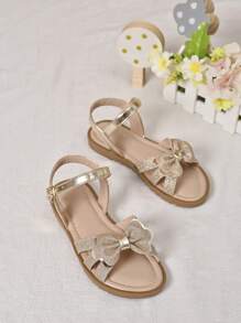 1 Pair Girl's Elegant Bow Flat Sandals, Suitable For Festivals, Weddings, Stage, Vacation & Daily Dress Matching - Gold - View 3