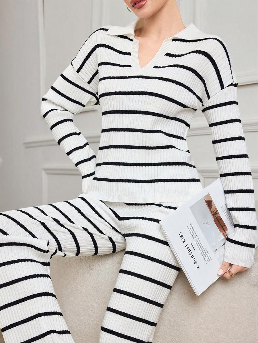 Seusyu 2 件套女士条纹 V 领宽松休闲针织毛衣套装 2 件套 - 黑與白 - 查看 1