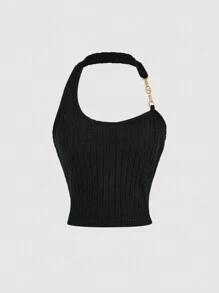 SHEIN MOD Áo ba lỗ cổ yếm cắt ngắn màu đen có điểm nhấn bằng kim loại dành cho nữ, cổ chữ U, áo, áo crop top - màu đen - Xem 1