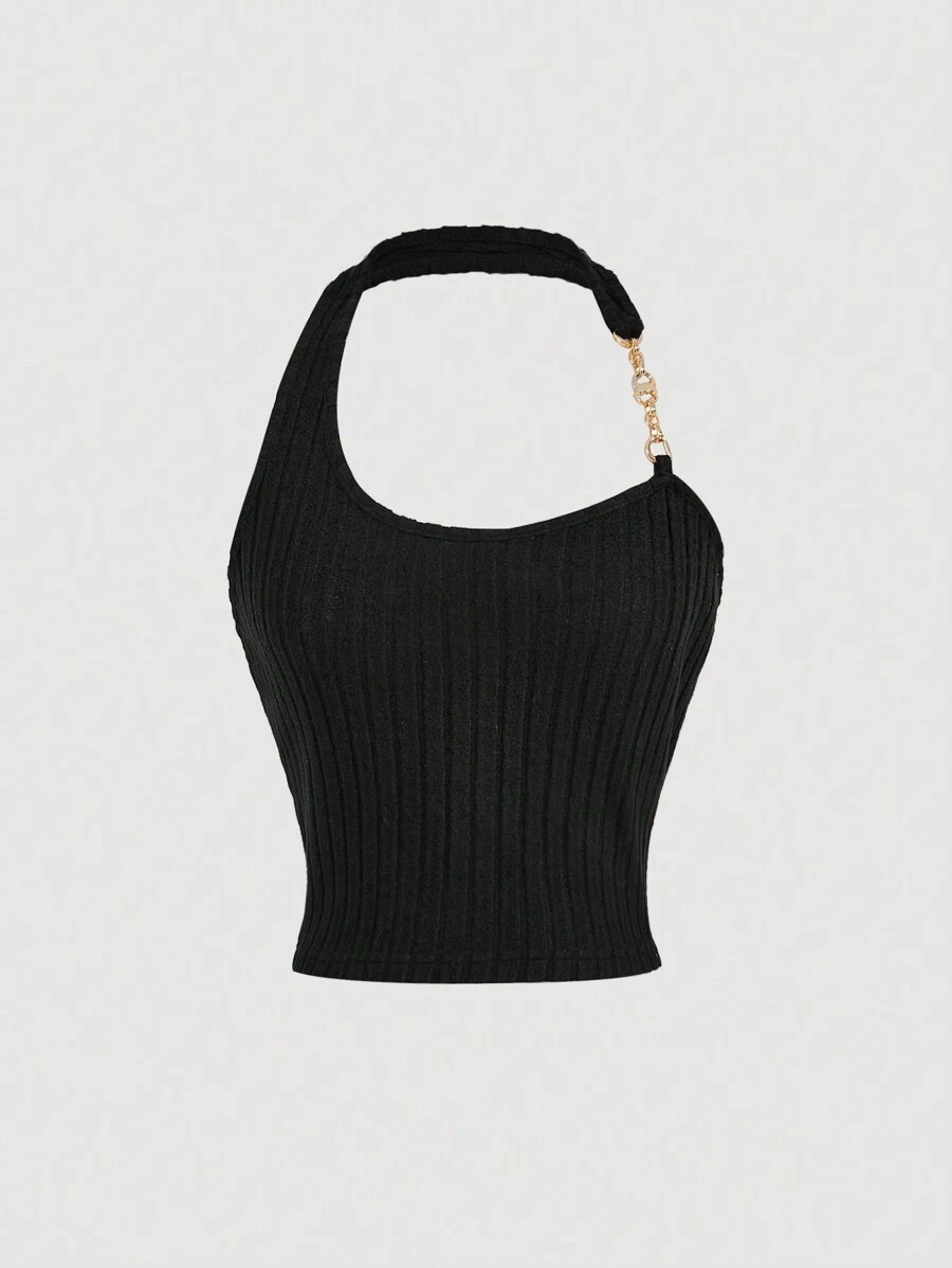 SHEIN MOD Áo ba lỗ cổ yếm cắt ngắn màu đen có điểm nhấn bằng kim loại dành cho nữ, cổ chữ U, áo, áo crop top - màu đen - Xem 1