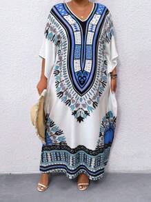 Plus Size Women's Vintage Printed Simple Daily Dress Women Outfit, For Summer - Multicolor - View 1
