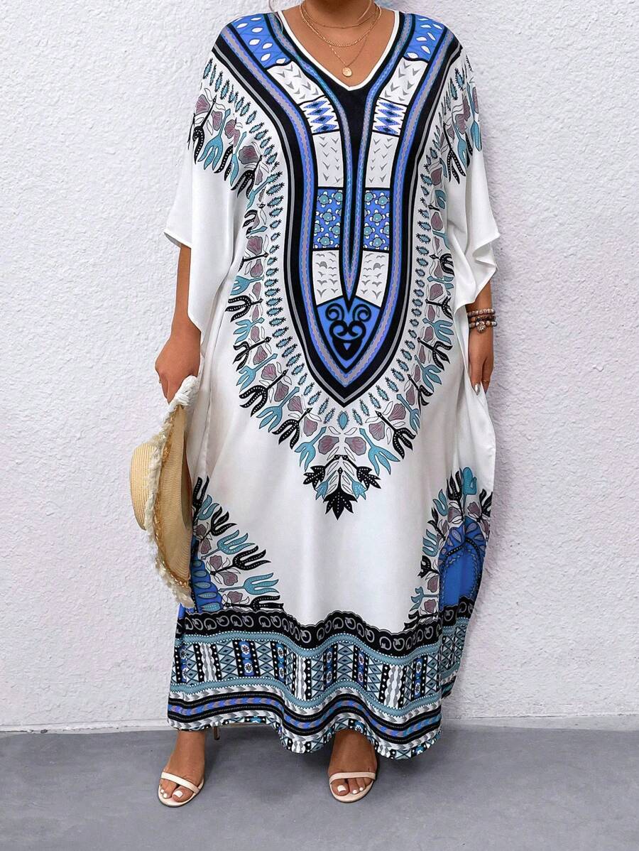 Plus Size Women's Vintage Printed Simple Daily Dress Women Outfit, For Summer - Multicolor - View 1