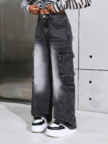 SHEIN Tween Girls' Y2K Grey Washed Multi Pocket Straight Leg Cargo Jeans,Girls Winter Clothes Cargo Pants Streetwear Outfits - Dark Grey - View 3
