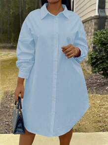 Maweii Plus Size Plain Front Button Closure Long Sleeve Casual Short Dress - Dusty Blue - View 4