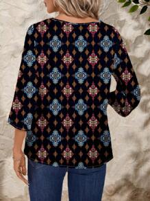 EMERY ROSE 女士休闲复古花卉印花宽松圆领长袖衬衫，夏季 - 彩色 - 查看 2