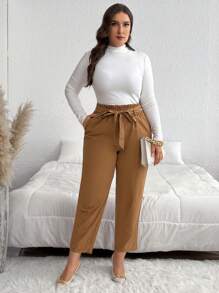 SHEIN Privé 大码女式纯色贴袋直筒宽松休闲通勤长裤 - 卡其色 - 查看 6