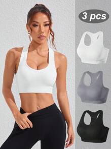Easithlete 3pcs Women Solid Color Open Back Daily Workout Sports Bra