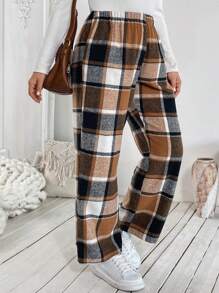 SHEIN VCAY Plus Size Plaid Elastic Waist Casual Pants, Autumn/Winter - Multicolor - View 4