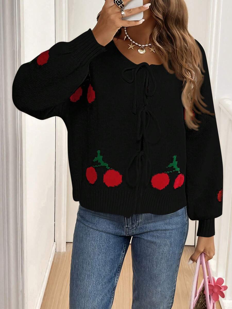SHEIN Frenchy Áo khoác cardigan dài tay thắt nơ phía trước họa tiết quả anh đào cho nữ, Thu/Đông - màu đen - Xem 1