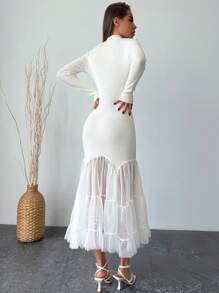 Aloruh 女士合身下摆网眼嵌花鱼尾毛衣连衣裙 - 白色 - 查看 3