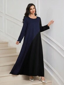 Al Najma Vestido árabe de manga larga con cuello redondo, de corte holgado, estilo color block y diseño de parches a rayas, para uso diario casual. Modesto, elegante abaya, kaftan y jalabiya.