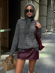 Aloruh Women's Autumn/Winter New Striped Splice Thick Knitted Sweater, Fashion Oversized Pullover Long Sleeve Knitwear - Dark Grey - View 7