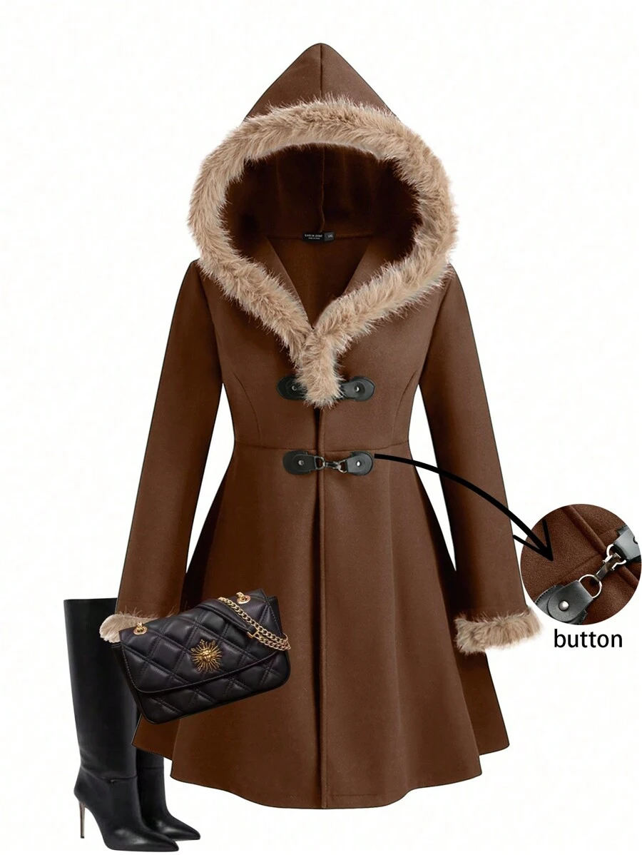 SHEIN LUNE 大码休闲领连帽大衣，秋冬 - 棕色 - 查看 1