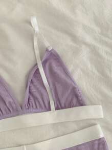 SHEIN 2pcs Teen Girls Casual V-Neck Colorblock Shoulder Strap Racerback Bra Set With Soft Triangle Underwear Panties - Mauve Purple - View 4