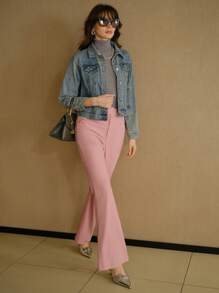 MOTF STUDIO SOLID ZIPPER FLY PLISSE FLARE LEG SUIT PANTS - Pink - View 8