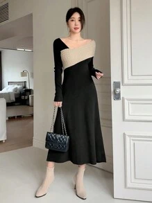 DAZY 1pc Women Asymmetric Contrast Color Sweater Dress Off Shoulder,Fall Clothes - Black - View 5