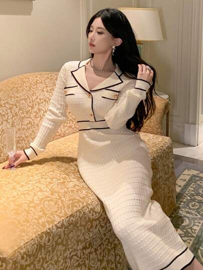 DAZY 女士秋冬翻领长袖纽扣设计拼色毛衣连衣裙，秋季女装