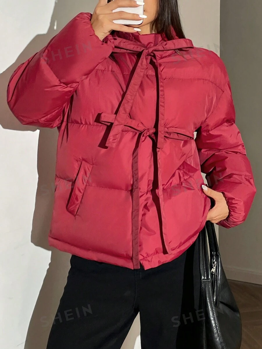 SHEIN EZwear Abrigo casual de mujer con cordón y acolchado en unicolor, para invierno