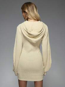 MISSGUIDED Knitted Zip Through Hooded Long Sleeves Bodycon Mini Dress - Apricot - View 2